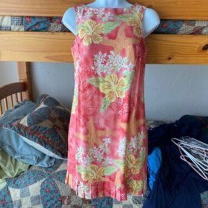 Blue Water * GORGEOUS Peach & White FLORAL slvls SUNDRESS Shift PLEATED Hem * XS